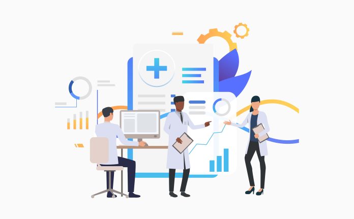Medics working over charts vector illustration